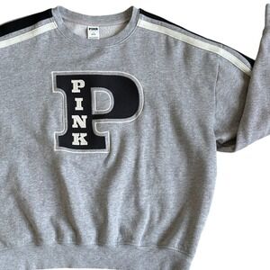 Victoria's Secret PINK Gray Varsity Patch Crewneck Sweatshirt‎ Striped Sleeve L